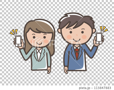 スマホ画面を見せる男女ビジネスマンの上半身イラスト 113847883