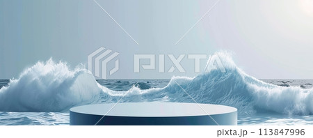 Stunning minimalist ocean design with raging waves and a deep blue podium Stunning minimalist ocean design with raging waves and a deep blue podium 113847996