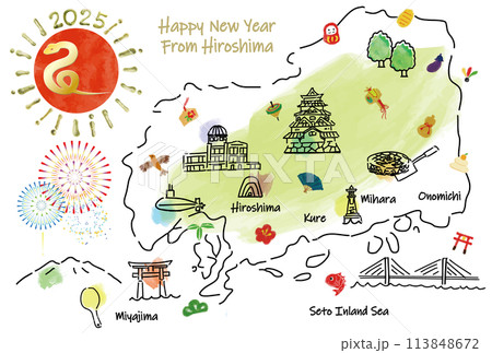 広島県の観光地のイラストマップ年賀状2025年 113848672
