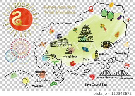 広島県の観光地のイラストマップ年賀状2025年 113848672
