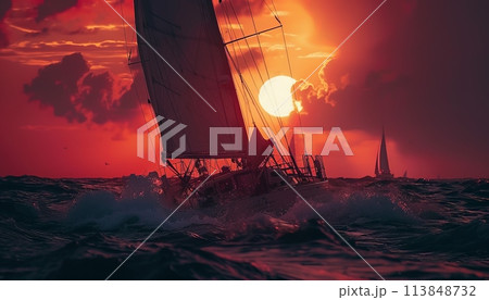 A sailboat is sailing in the ocean with a red 113848732
