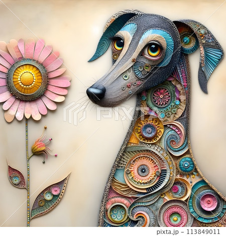 An unusual dog with a long neck decorated with patterns. 113849011