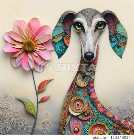 An unusual dog with a long neck decorated with patterns. 113849024