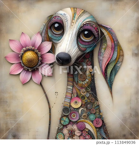 An unusual dog with a long neck decorated with patterns. An unusual dog with a long neck decorated with patterns. 113849036