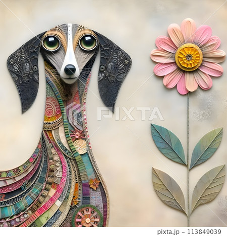 An unusual dog with a long neck decorated with patterns. 113849039