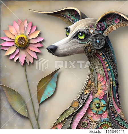 An unusual dog with a long neck decorated with patterns. 113849045
