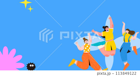 An energetic illustration of three happy characters with surfboards celebrating, set against a playful background of blue sky and whimsical shapes including stars and a curious creature. 113849122