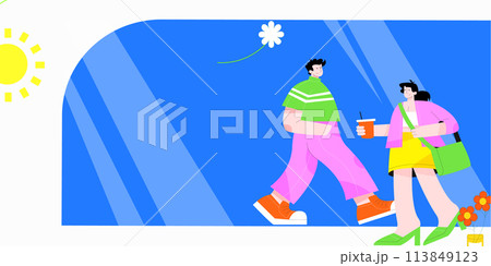 An illustration displaying two characters taking a casual walk on a sunny day, with a clear sky, bright sun, and a playful flower in the backdrop, creating an atmosphere of leisure and brightness. 113849123