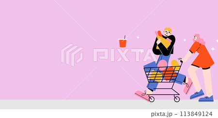 The image depicts a vibrant shopping scene with two characters joyfully pushing a grocery cart, set against a pink background accented with floating stars and a floating drink cup. 113849124