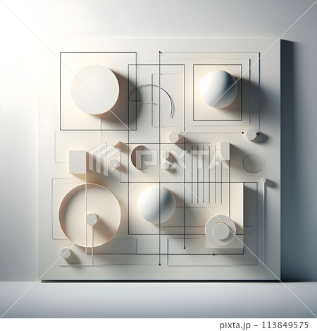 Minimalist artwork made up of geometric shapes and lines,using light to create depth and dimension. 113849575