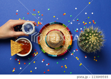 Sombrero with tequila and cactus on a blue background 113849593