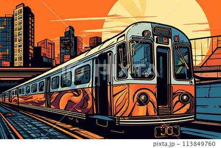 Subway train painted in graffiti on the tracksのイラスト