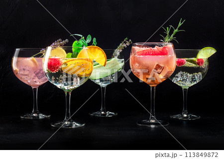 Fancy cocktails with fresh fruit. Gin and tonic drinks with ice at a party Fancy cocktails with fresh fruit. Gin and tonic drinks with ice at a party 113849872