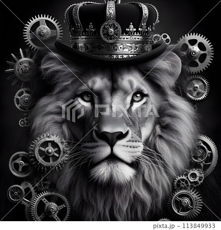 Steampunk male lion wearing a crown and top hat. 113849933