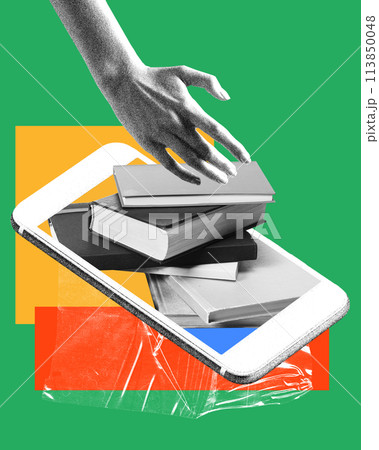 Person interacting with mobile phone and books inside. Contemporary art collage. Seamless integration of technology and education Person interacting with mobile phone and books inside. Contemporary art collage. Seamless integration of technology and education 113850048
