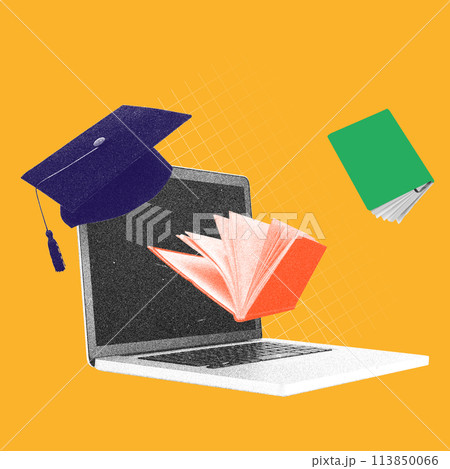 Tablet with graduation cap and books falling down. Contemporary art collage. Get qualifications through flexible and accessible platforms. Tablet with graduation cap and books falling down. Contemporary art collage. Get qualifications through flexible and accessible platforms. 113850066