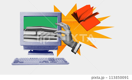 Hand taking books on computer screen. Contemporary art collage. Accessibility and convenience of digital learning 113850091