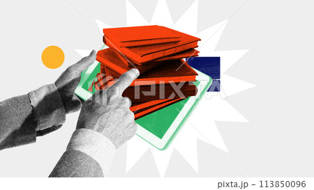 Person using tablet with books lying on screen. Contemporary art collage. Integration of traditional educational materials with digital platforms 113850096