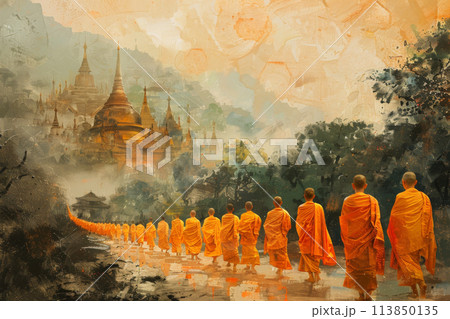 Vesak holiday concept - monks walking in procession as laypeople offer alms Vesak holiday concept - monks walking in procession as laypeople offer alms 113850135