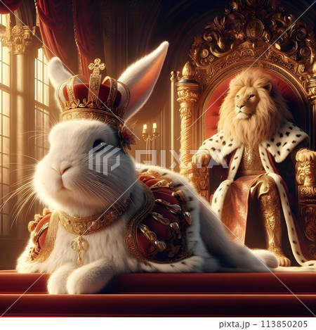An image of a rabbit wearing a crown and lavish costume with a lion sitting nearby. 113850205