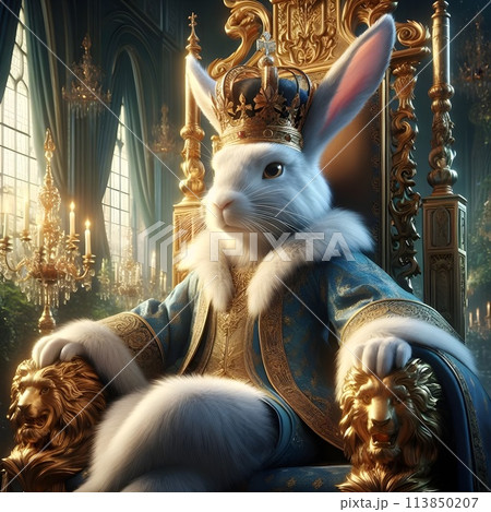 An image of a rabbit wearing a crown and lavish costume with a lion sitting nearby. 113850207