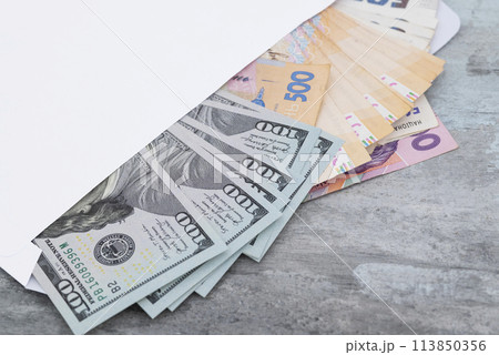 Ukrainian hryvnias and american dollars in a white envelope on a stone background close-up. Concept of payment or corruption 113850356