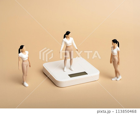 スポーティーな女子グループと体重計　ミニチュア模型 113850468