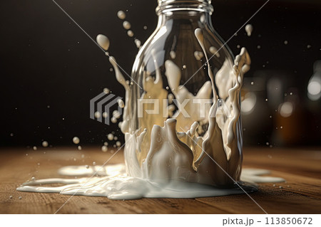 Bottle of milk and milk splash. Generative Ai illustration 113850672