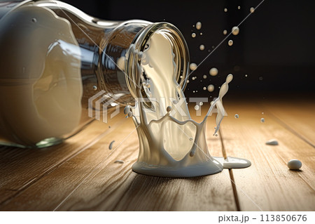 Milk spilling from the bottle. Generative Ai illustration 113850676