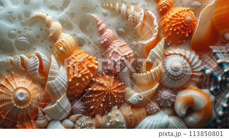variety of beautiful seashells close-up 113850801