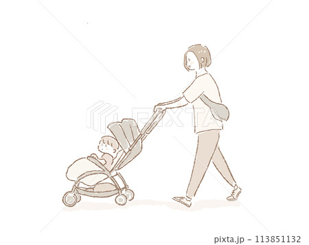 ベビーカーを押して歩く女性とベビーカーに乗った小さい子供(お母さんと子供、家族) ベビーカーを押して歩く女性とベビーカーに乗った小さい子供(お母さんと子供、家族) 113851132