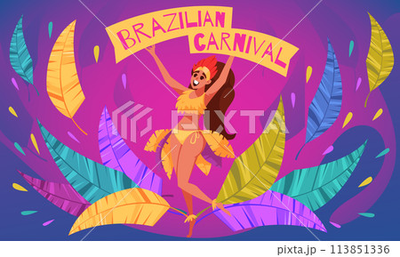 Hand drawn flat cartoon brazilian carnival background with a dancer woman, tropical leaves and confetti 113851336