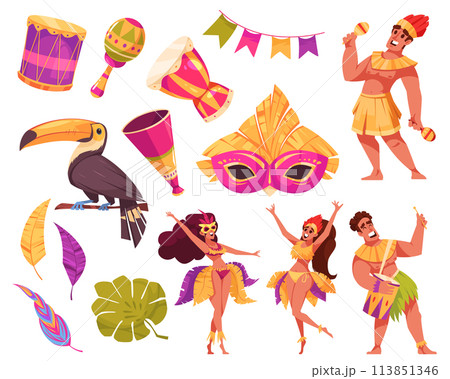 Hand drawn flat cartoon brazilian carnival elements collection with characters and musical instrument 113851346
