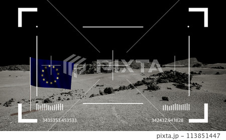 Lunar landscape with EU flag through viewfinder. Cosmic scene, astronomy and space background 113851447