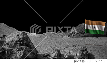 Indian flag on Moon. Cosmic scene, exploration and science fiction background 113851448