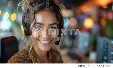 Happy customer service representative with headphones in a vibrant office.. AI generative Happy customer service representative with headphones in a vibrant office.. AI generative 113851568