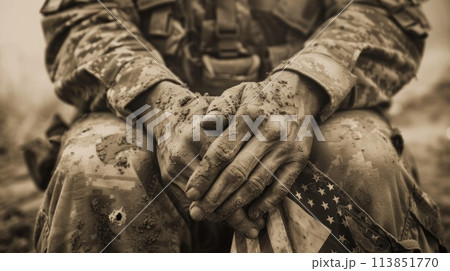 Soldier's hands holding a dirty and worn American flag. Military and patriotism concept.. AI generative 113851770