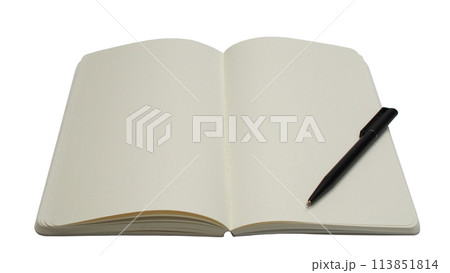 open blank notebook and pen on white 113851814
