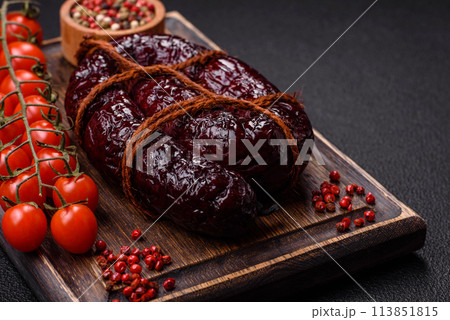 Delicious black blood sausage or black pudding with spices and herbs 113851815