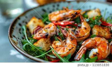 Grilled shrimp with herbs and spices on arugula salad.. AI generative 113851830