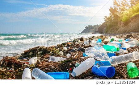 garbage on wild pebble coast. garbage on wild pebble coast. 113851834