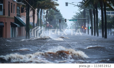 Flooded urban street with palm trees during a storm. Natural disaster and climate change concept.. AI generative 113851912