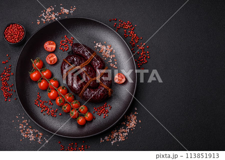 Delicious black blood sausage or black pudding with spices and herbs 113851913