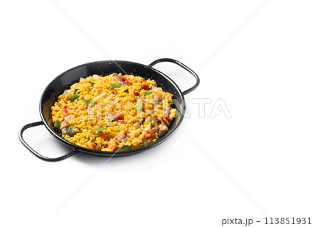 Yellow rice with chicken and vegetables isolated on white background Yellow rice with chicken and vegetables isolated on white background 113851931