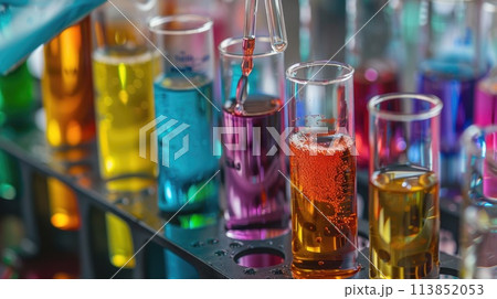Scientist holding a flask with blue liquid in laboratory.. AI generative 113852053
