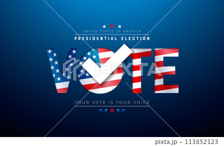 USA 2024 Presidential Election Banner Illustration with American Flag in Text Label on Blue Background. Vector Vote Day, November 5. United States Election Voting Design with Typography for Poster 113852123