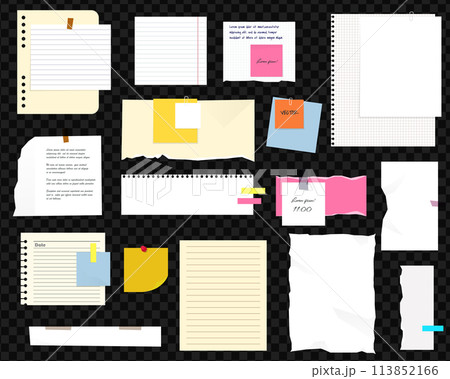Paper notes, stickers, sticky sheets and tape. Colored ripped lined paper strips collection. Notepaper meeting reminder, office notice or information board with appointments Paper notes, stickers, sticky sheets and tape. Colored ripped lined paper strips collection. Notepaper meeting reminder, office notice or information board with appointments 113852166
