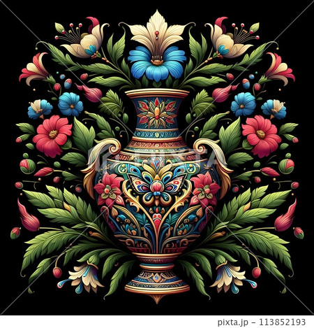 Colorful vases that are symmetrical in the center. Surrounded by flowers and leaves. 113852193