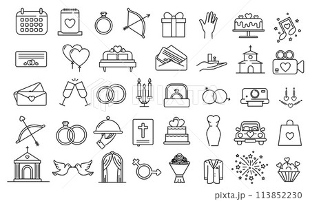 Wedding, marrying, ceremony line icons. Minimalist thin linear web icons bundle. Wedding Editable Stroke Line Icons 113852230