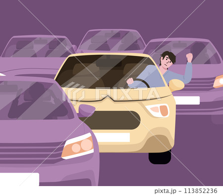 City traffic jam and sleepy driver. Driving car slow moving in urban auto flow. Vector illustration EPS10 113852236